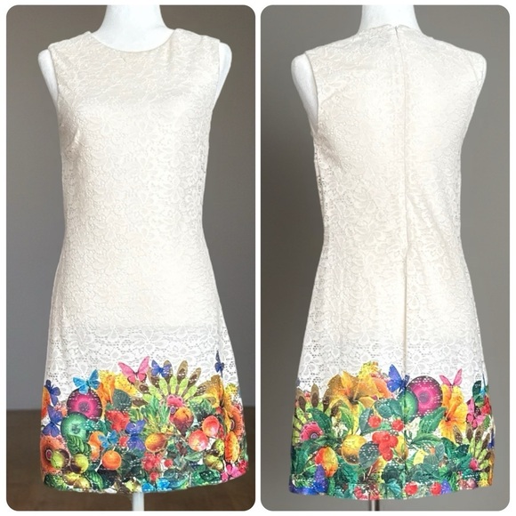 Desigual Cream Lace Sleeveless Colorful Hemline Sheath Dress Size 40 EU / 6 US - Picture 2 of 12